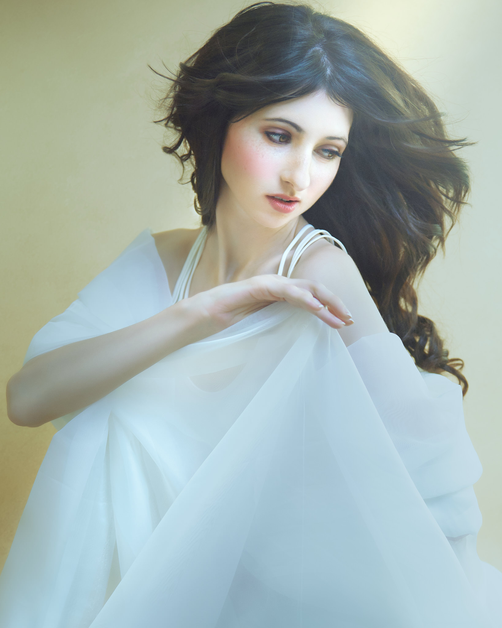Fine art portrait of a young woman in soft light with flowing dark hair and a sheer white drape, styled in an ethereal painterly look