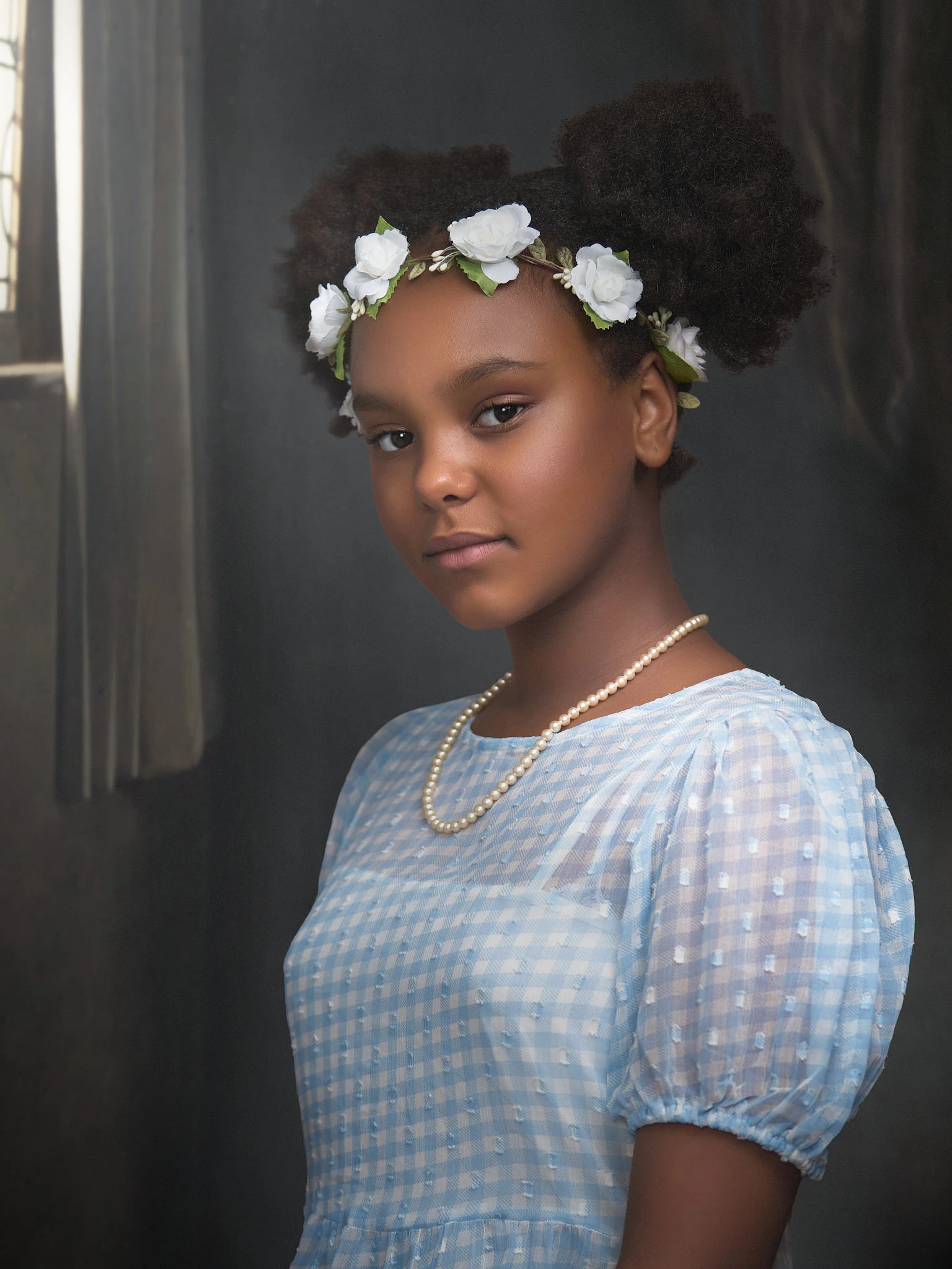 Old Masters style portrait of a young girl in a blue dress with a floral crown against a painterly backdrop