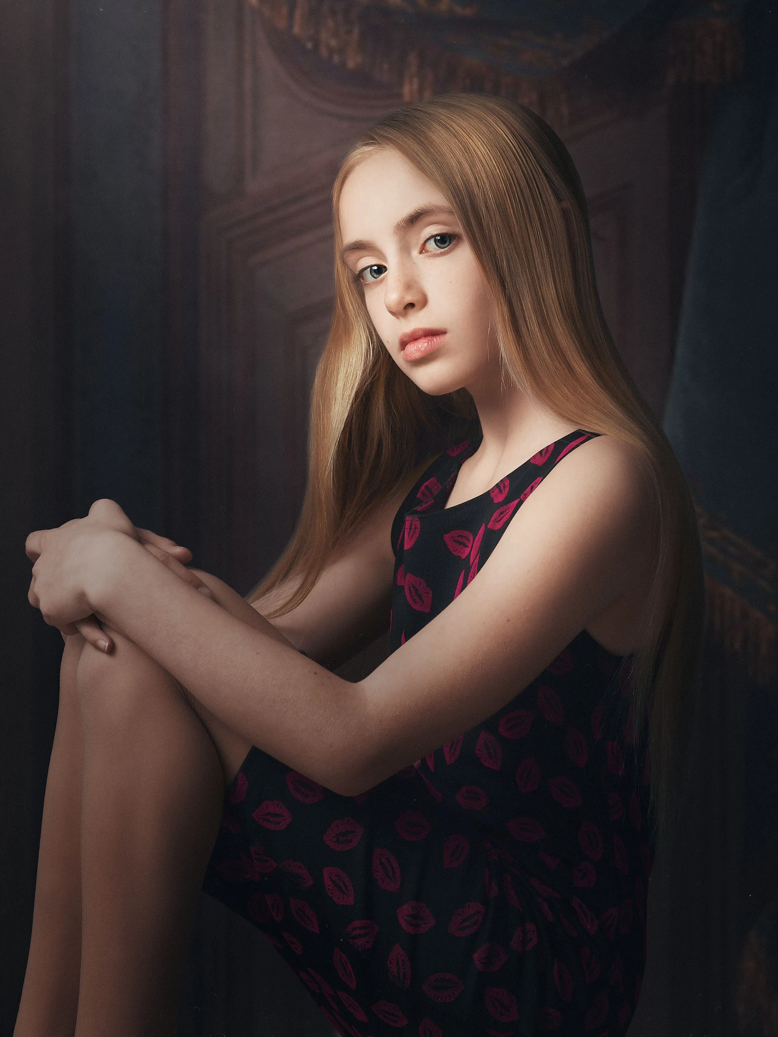 Old Masters style fine art portrait of a young girl seated with long blonde hair and a thoughtful expression against a painterly backdrop