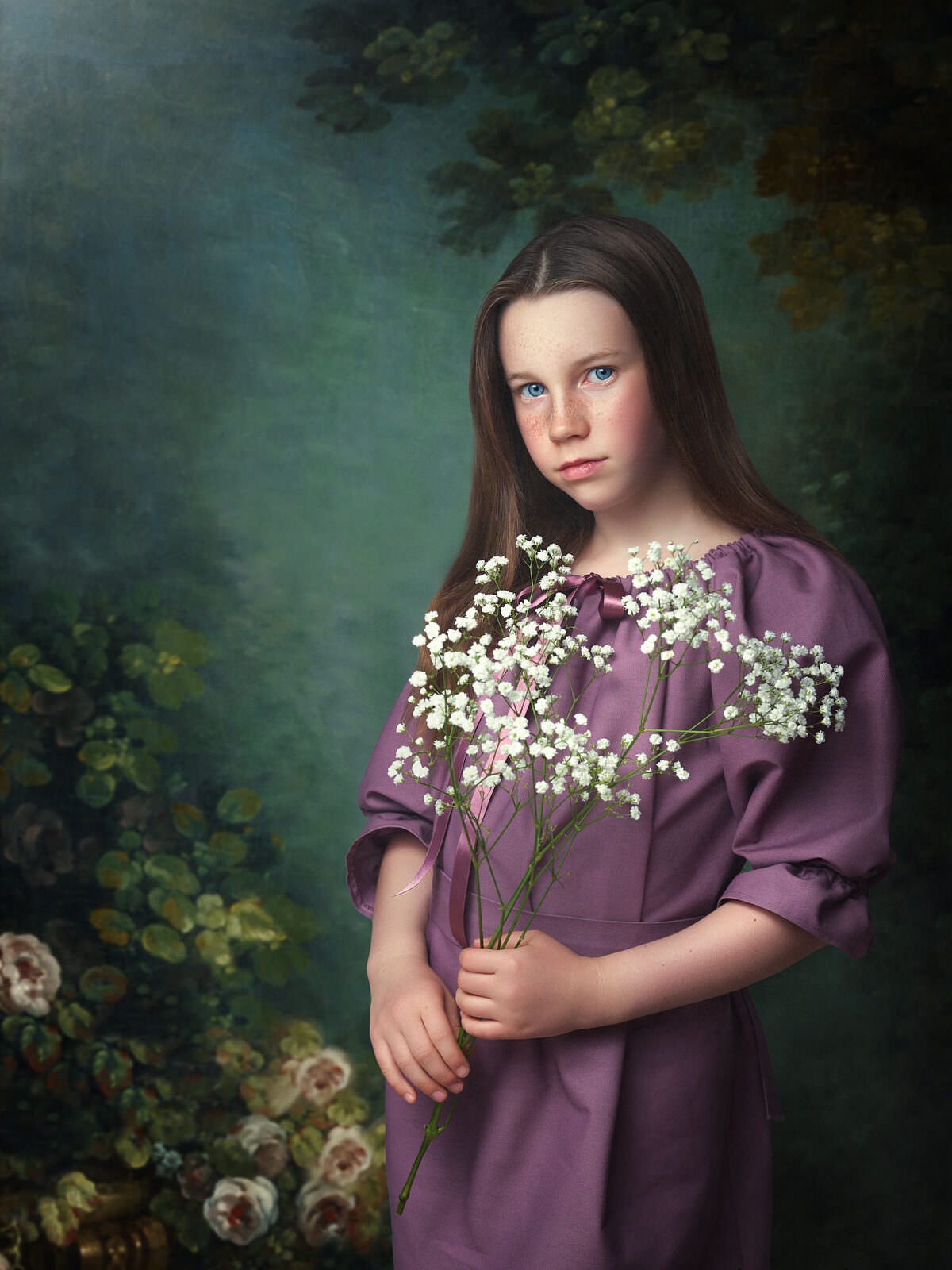 Fine art Old Masters style portrait of a young girl in a purple dress holding delicate white flowers against a painterly backdrop